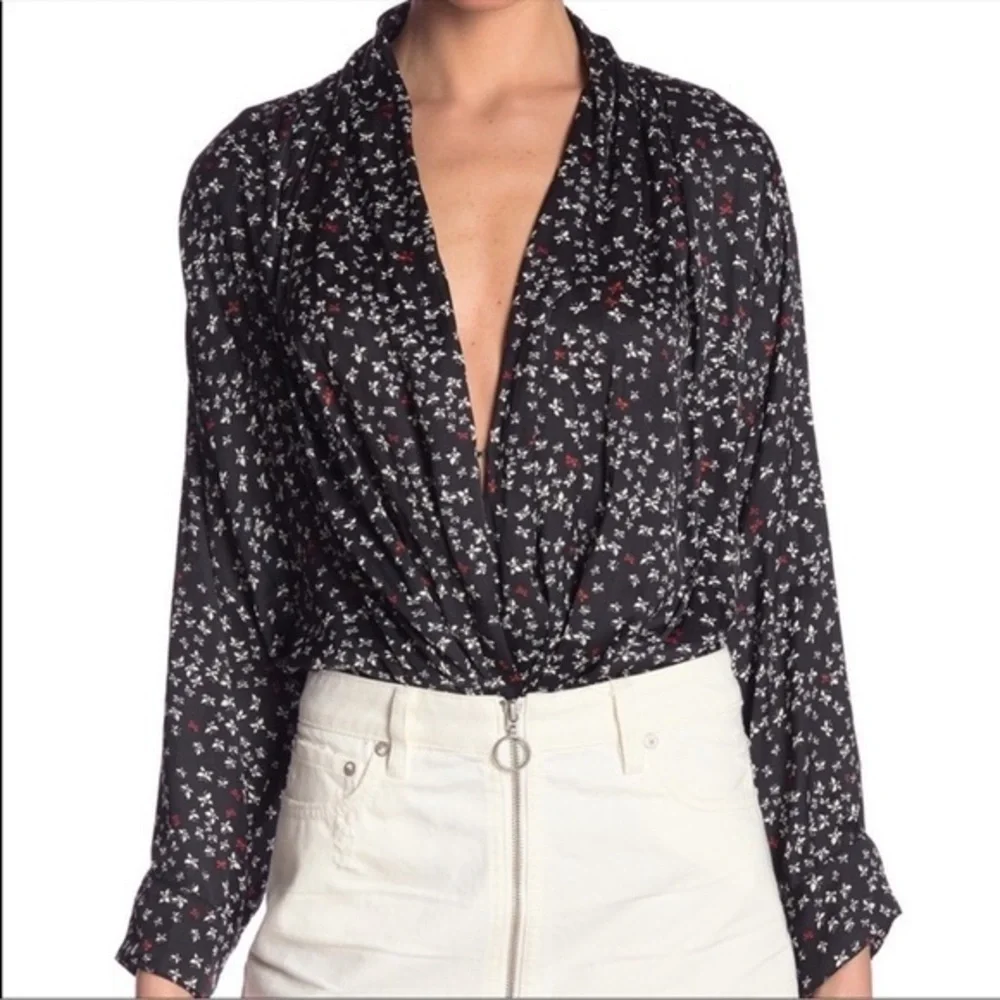 NWT Free people ladylike carbon combo floral black white long sleeve bodysuit M